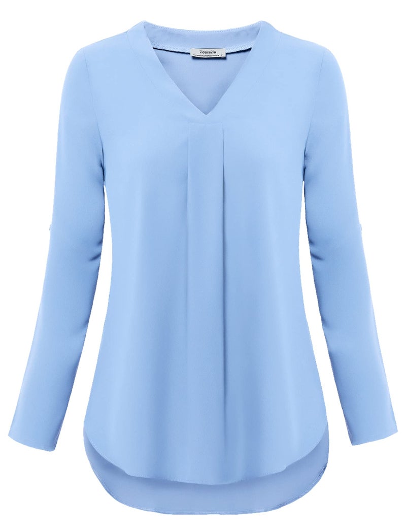Youtalia Womens Dressy Tops and Blouses, Ladies Chiffon Top Roll Sleeve V Neck Tunic Pleats Curved Hem Soft Comfy Button Down Work Shirts Light Blue Large - Image 4